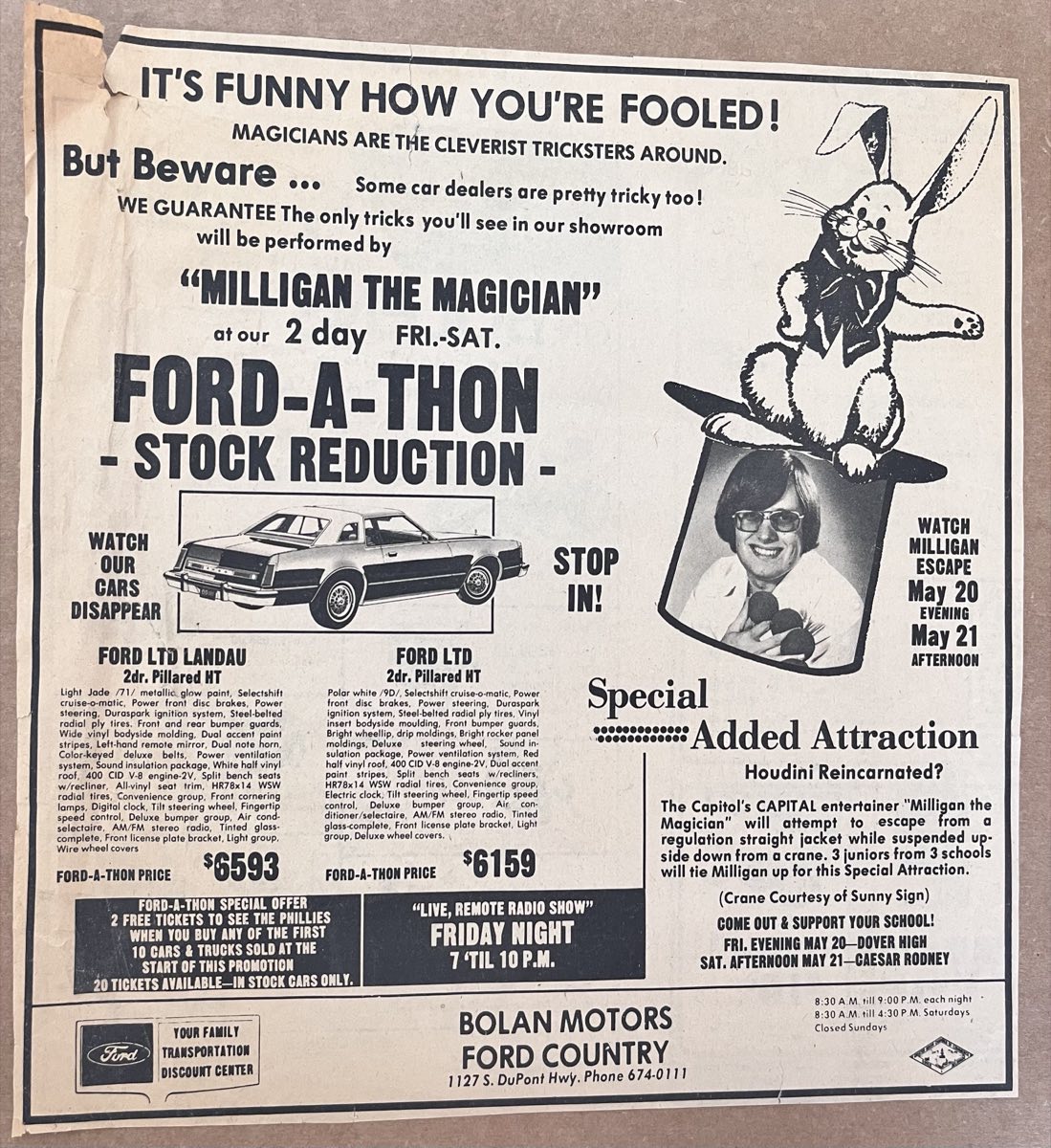 1977 newspaper ad for Milligan the Magician at Bolan Motors